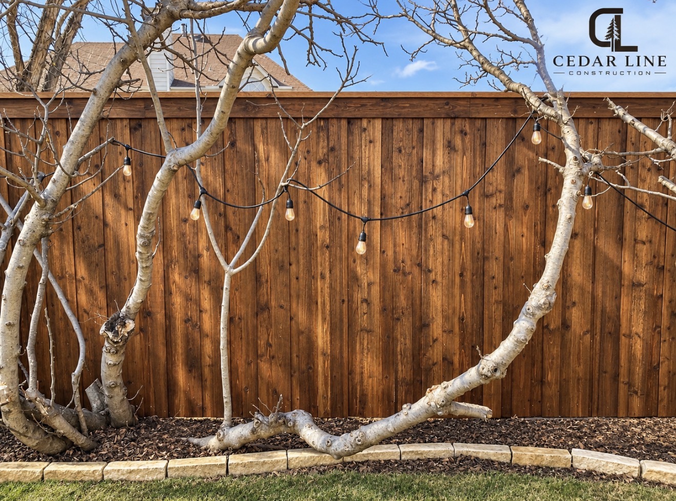 Cedar fence framed by string-lit trees