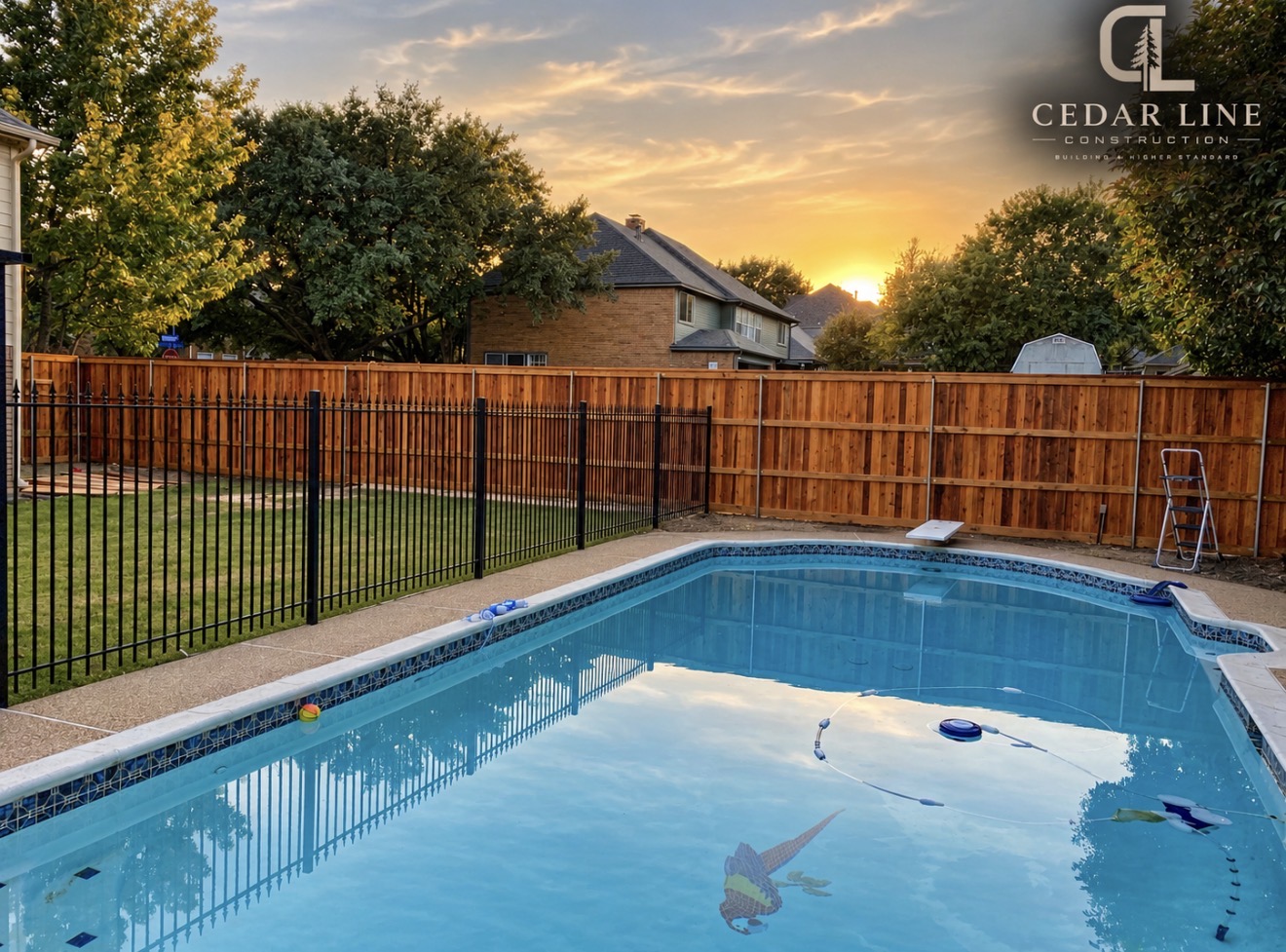 Pool enclosure with black metal and cedar fencing