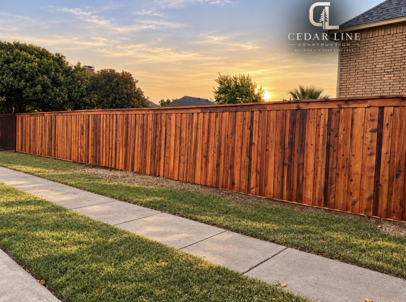 Cedar privacy fence along a front lawn and walk