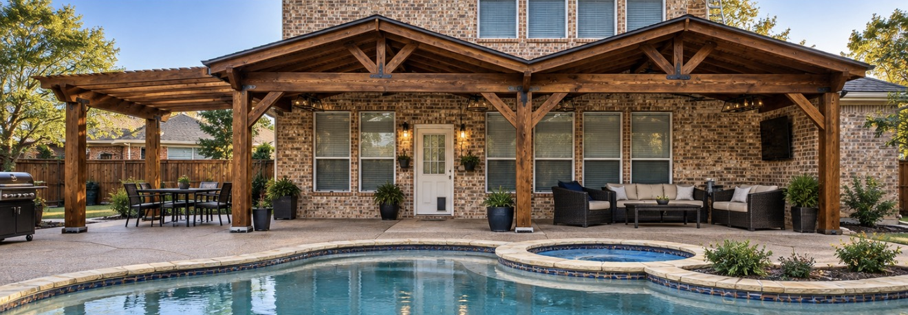 Covered patio with outdoor kitchen and pool